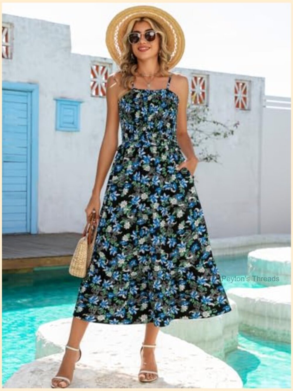 Women's Smocked Tiered Maxi Dress with Spaghetti Straps - Flowy Boho Sundress - Picture 6 of 7
